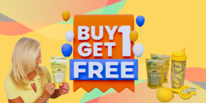 Image of a woman holding LemonAid, and text reading, "Buy One Get One Free,"